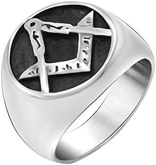 Stainless Steel Retro Freemason Masonic Band Ring Silver Black