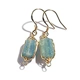 Scutum Craft Natural Stone Dangle Drop Earrings with Gold Plated Wire Wrap and 925 Sterling Silver Hook Jewelry for Women (Raw Aquamarine Square 10mm)