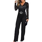 Ninimour Womens Jumpsuits Rhinestone Floral Lace Overalls Deep V-Neck Straight Leg One Piece Outfits With Belt