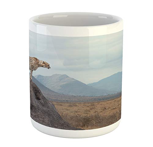 Lunarable Cheetah Mug, Wild Mammal Animal Standing on a Rock in Africa Kenya Safari Photography, Printed Ceramic Coffee Mug Water Tea Drinks Cup, Brown and Pale Blue