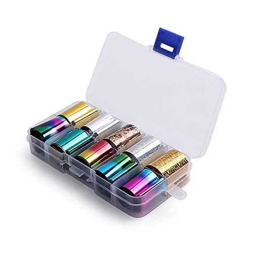 WOKOTO 10 Rolls Glitter Nail Art Foil Transfer Decals Starry Sky Colorful Gradient Adhesive Nail Wraps Stickers Manicure Decorations Kit (0.98inchs39.4inchs)