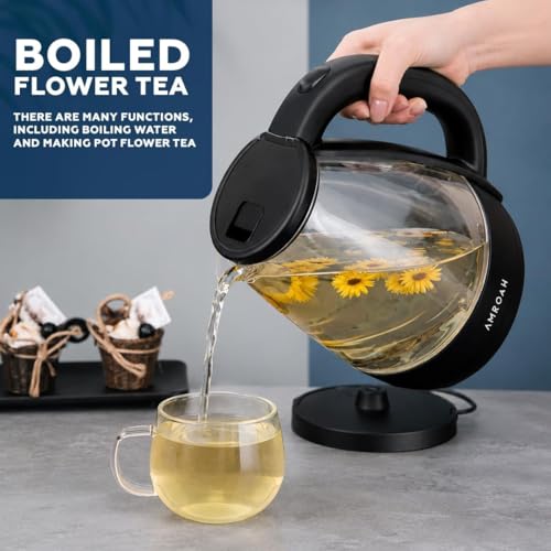 2L Electric Glass Tea Kettle, 1500W Fast Boil, Blue LED Light, 360° Cordless Base, Stainless Steel & Borosilicate, Large Capacity with Water Level Gauge