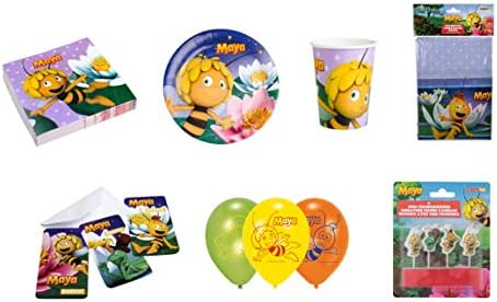 Maya the Bee Complete Party 7 Piece Set - Paper Cups, Plates, Napkins, Table Cover, Candles, Balloons & Invitation Cards