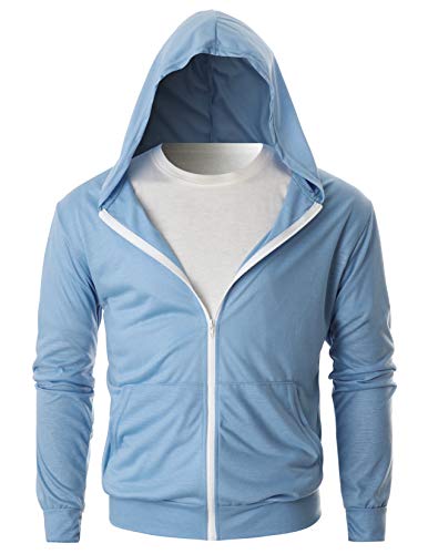 OHOO Mens Slim Fit Long Sleeve Lightweight Eco Zip-up Hoodie Sweatshirt with Kanga Pocket/DCF202-SKYBLUE-M