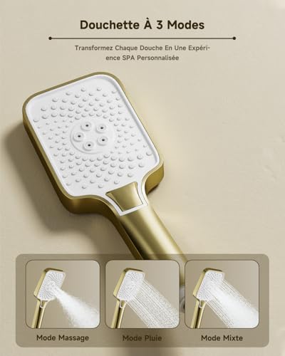 Shower Column,Brushed Gold 4 in 1 Shower Column Set,300x180mm Square Rainfall Shower Head,3 Modes Hand Shower,360° Shower Head,Rain Shower with Accessories