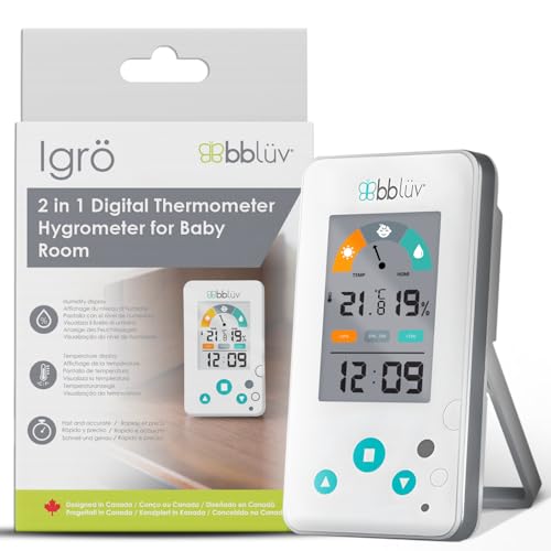 bblüv Igrö 2-in-1 | Indoor Digital Thermometer and Hygrometer | Humidity Meter for Baby Room with Alarm | Portable, User-Friendly | Ideal for Nursery, Home, or Travel