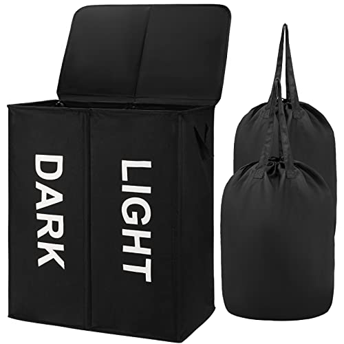 Maxsilan 145L Double Large Laundry Basket with Lid and Removable Laundry Bags, Collapsible 2 Section Tall Divided Clothes Laundry Hamper with Handles, Black