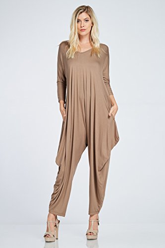 Annabelle Women's Long Sleeve Comfy Harem Jumpsuit Romper with Pockets Taupe Grey XX-Large J8002X