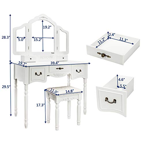 Modern Vanity Table Set with 5 Drawers Large Makeup Vanity Table with Tri-Folding Mirror&Cushioned Stool Bedroom Dressing Makeup Table (White) - Thumbnail 5