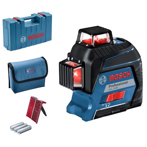 Bosch Professional Linienlaser GLL 3-80 (roter Laser, Innenbereich, max. Arbeitsbereich: 30 m, 4x AA Batterie, im Handwerkerkoffer)