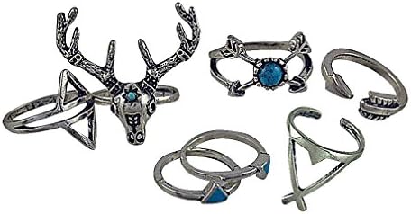 FanC, Women's Silver Plated Turquoise Eclectic Hipster Tribal 7 Pieces Ring Set