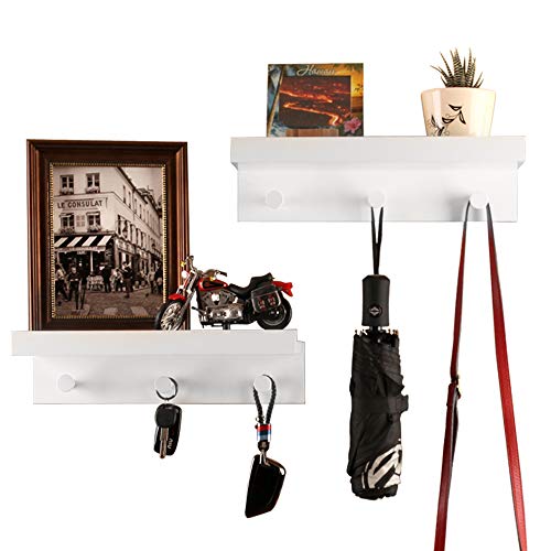 NOZE White Floating Shelves with Hooks, Entryway Coat Rack for Hat or