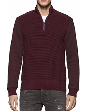 Calvin Klein Jeans Men's Quarter Zip Ottoman Tube Mixed Gauge Sweater Bordeaux Red