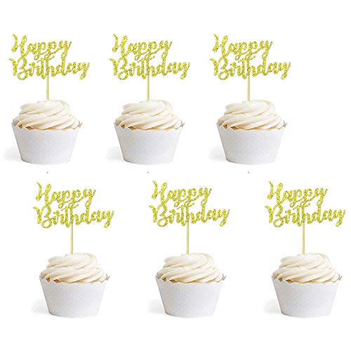 Gold Happy Birthday Cupcake Topper Picks for Celebrating Birthday Party Decorations 36PCS