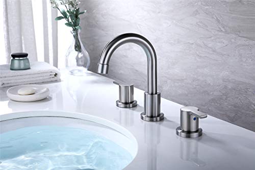 RKF Two Handle Widespread Bathroom Sink Faucet with Pop-up Drain with overflow and CUPC Faucet Supply Hoses,Brushed Nickel,WF015-9-BN2