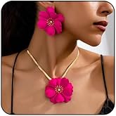 MarveBard Vintage Flower Necklace Earring Set Gold Snake Chain Necklace Bohemian Red Flowers Choker Necklaces Hypoallergenic Statement Flower Stud Earrings Elegant Bridal Wedding Summer Beach Jewelry