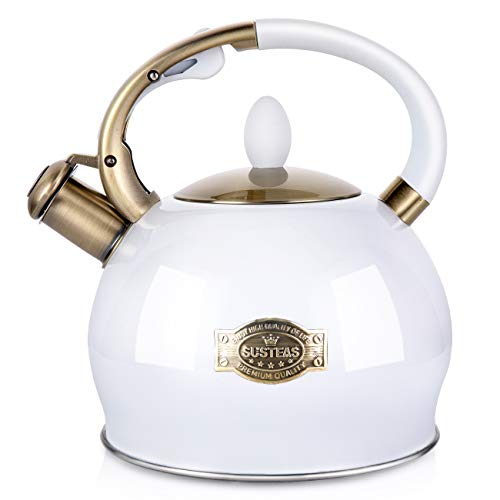 SUSTEAS Stove Top Whistling Tea Kettle-Surgical Stainless Steel Teakettle Teapot with Cool Toch Ergonomic Handle,1 Free Silicone Pinch Mitt Included,2.64 Quart(WHITE)