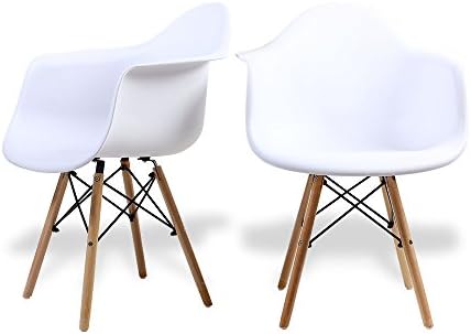 Santang -Set of 2 Eames Eiffel Style Mid Century Modern Dining Room Chairs Natural Wood Legs Lounge White Arm Chair