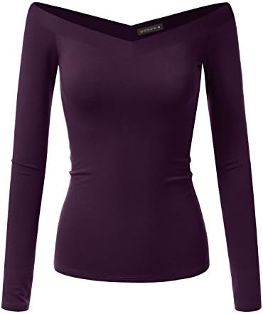 Sheshine Women Long Sleeve Slim Fit Stretch Crop Top Off-Shoulder V Neck T-Shirt