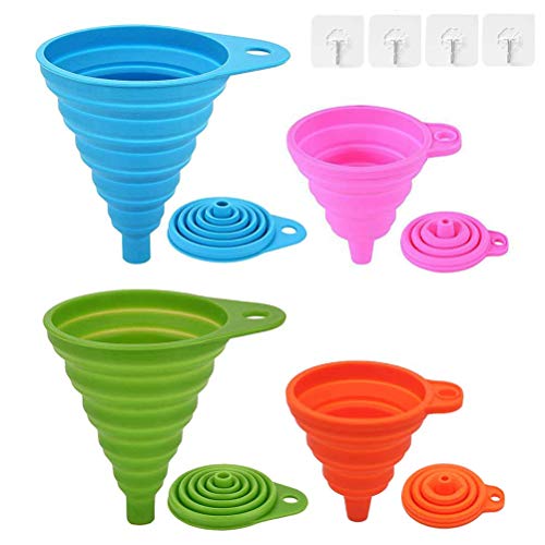 Silicone Collapsible Funnel Set of 4, 2 Small and 2 Large, Foldable Kitchen Funnel for Water Bottle Liquid Powder Transfer, Food Grade BPA free, Dishwasher Safe