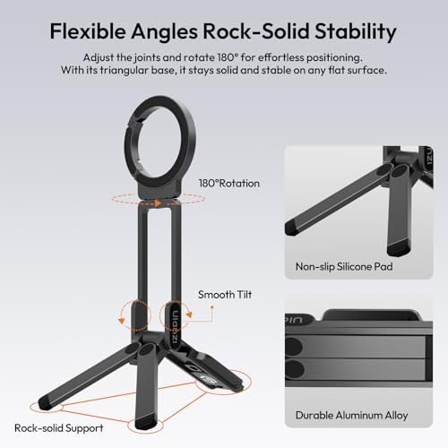 ULANZI Magnetic Phone Tripod for iPhone, MA38 Portable Phone Holder Mini Tripod for Magsafe with Double-Sided Strong Magnetic 1/4'' Arri Locating Hole Foldable Hook for iPhone 16 15 14 13 12, Black