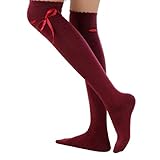 Ikevan Women Girls Thigh High Over The Knee Socks Pure Color Warm Soft Silk Lace Butterfly Knot cotton Stockings Autumn Winter (Red)