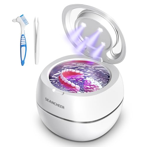 SEANCHEER Ultrasonic Cleaner 48000Hz Dental Pod | 180ML | Portable Mini Ultrasonic Cleaner with UV Lamp for | Dental Prosthetic | Dental Gutter | Bruxism | Aligner | Retainer | (White)