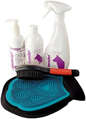DELUXE Pamper Set Dog Grooming Gift Set Comprising 6 in 1 VET CREATED Dog Shampoo, Conditioner, Omega 3 Boost, PLUS Grooming Glove and Brush by DermOpt® (500ml)
