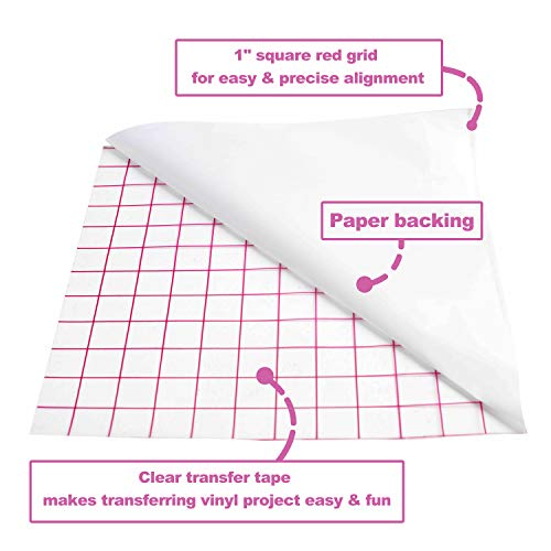 Airbin Vinyl Transfer Paper Tape Roll, Medium Tack 12 Inch x 50 Feet/Clear with 1" Square Red Alignment Grid and Free Gift-Squeegee/Perfect for Silhouette Cameo, Cricut Adhesive Vinyl for Decals
