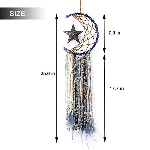 TEESHLY Moon Star Dream Catcher Handmade Crescent Shape Dreamcatchers for Wall Decor, Blue Feather Hanging Ornament for Home Decoration Festival Gift