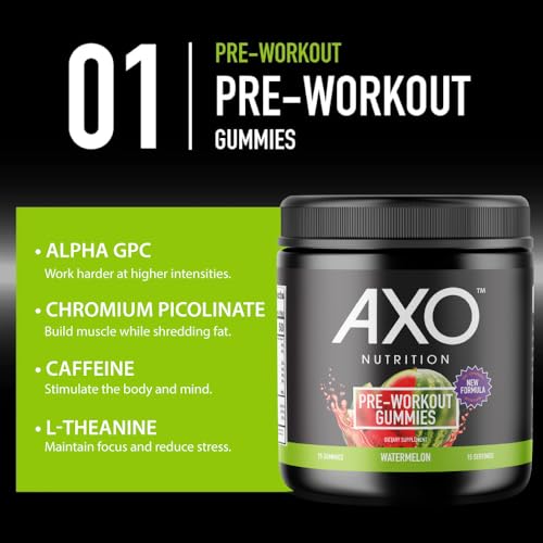 AXO NUTRITION, PRE-WORKOUT ENERGY GUMMIES, WATERMELON FLAVOR, 75 GUMMIES, 1 COUNT CAFFEINE, ALPHA GPC, B12, CHROMIUM PICOLINATE, L-THEANINE, VEGAN, NON-GMO, NUT-FREE, GLUTEN-FREE