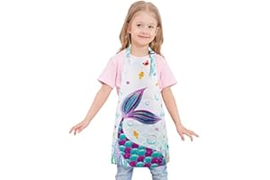 Mermaid Apron for Kids Girls - Polyester Waterproof Apron for Kitchen Cooking Painting Gardening Baking Aprons with Pocket Ad