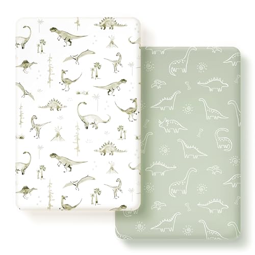 GRSSDER Pack n Play Sheets Fitted 2 Pack, Stretchy Ultra Soft Pack and Play Sheets, Universal Fitted Portable/Mini Crib Mattresses Snug and Safe, Jersey Crib Sheets for Boys, Dinosaurs