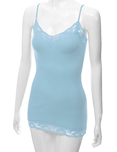 RT1004 Ladies Adjustable Spaghetti Strap Lace Trim Long Tunic Cami Tank Top Powder Blue L