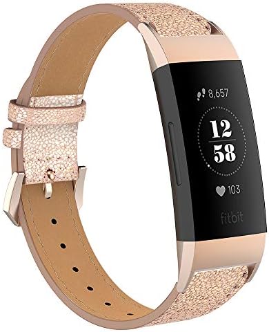 GAISHI Compatible with Fitbit Charge 3 Band, Charge 3 SE Band, Premium Leather Wristband Strap with Metal Adaptor for Women Men,Gold Pink,Black,Grey,Brown,White