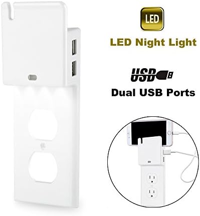 ELECTEK USB Charger Wall Plate with LED Night Light and 2 USB Charging Ports (Total 3.1A), White LED Sensor Night Light and Phone Holder for Duplex Outlet, Easy Installation, White