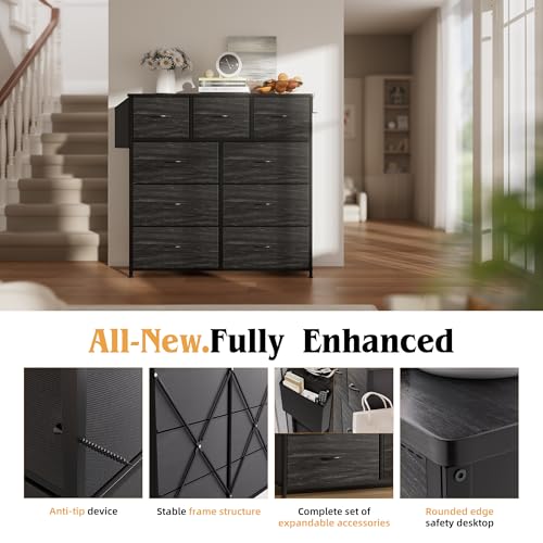 PURFINO Fabric Chest of Drawers - Dresser Canvas Organizer with 9 Large Drawers, Label Cards, Side Pocket and Hook, for Living Room, Hallway, Bedroom