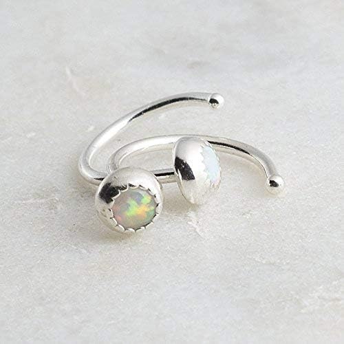 Fashion Art JewelryHalf Huggie Silver Hoop Earrings for Women Tiny Cartilage Birthstone Stud Piercing Earring Hypoallergenic Screw Back Dainty Hug Cartilage Hoops (White Opal 3mm / 19 gauge)