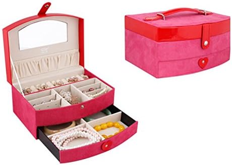 GIFT4U Elegant Two-Layer Lint+Leather Jewelry Box Organizer Case Storage with Lock Drawer Mirror Peach