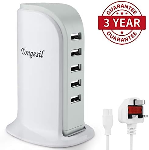 Tongesil USB Power Adapter, 30W Multi 5-Port Desktop USB Charging Station with 5Ft Long Cord Wall Plug, 6A USB Hub Quick Charger Block for iPhone X/XS/XR/8/8Plus/7/7Plus/6/5, iPad, Android, Samsung