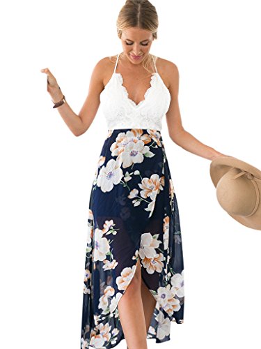 Blooming Jelly Damen Halter-Ansatz mit tiefem V Asymmetrisches Blumenkleid mit Spitze