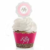 Chic 50th Birthday - Pink and Gold - Cupcake Wrapper & Pick Birthday Party Kit - Set of 24