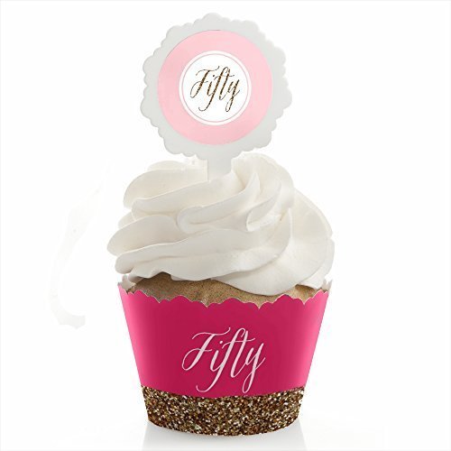 Big Dot of Happiness Chic 50th Birthday – Pink and Gold – Birthday Cupcake Wrapper and Pick – Cupcake Decorating Kit – Set of 24
