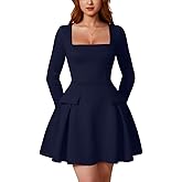 XXTAXN Women's Sexy Corest Long Sleeve Square Neck Ruffle Pleated Wedding Guest A Line Mini Dress