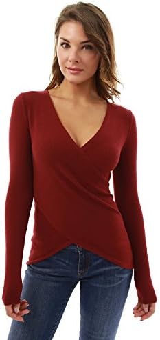 PattyBoutik Women's V Neck High-Low Hem Crossover Sweater (Burgundy S)