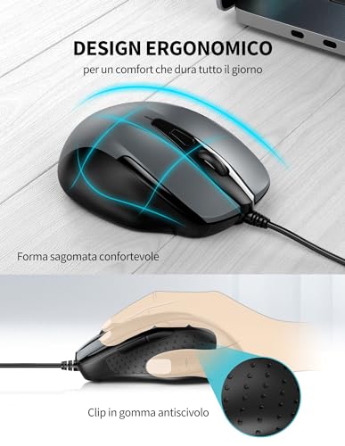 TECKNET PRO Wired Mouse, 6400 DPI Wired Optical Mice, 6 Buttons, 1.5M USB Cable, Plug and Play, Ergonomic Wired Mouse for PC, Computer, Laptop - Grey