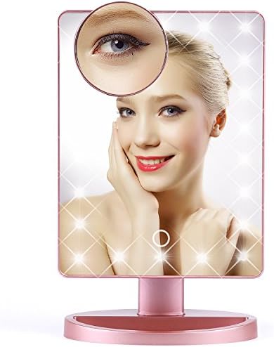 Lighted Makeup Mirror ,Touch Screen 22 LED Light Vanity Mirrors with Removable 10x Magnifying ,USB Charging or Battery Powered,(Rose Gold)