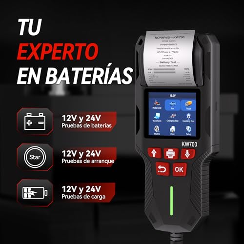 KONNWEI Probador de Batería de Coche con Impresora, Probador de Carga de Batería Automotriz de 12V 24V 10-2000CCA, Analizador de Batería de Arranque y Carga, Probador de Alternador para Coche, Camión