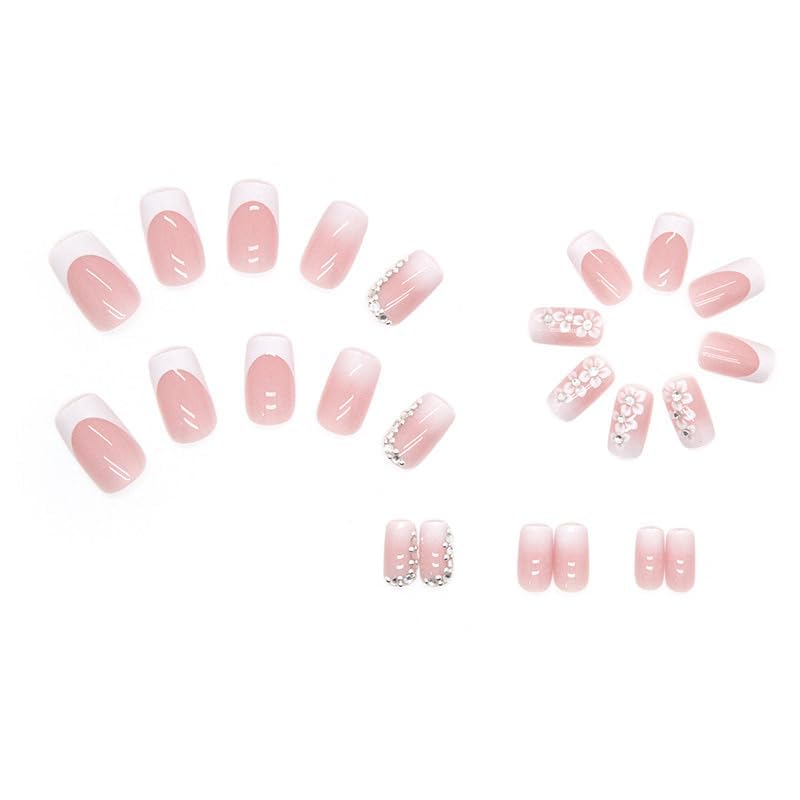 24 Pcs French Tip Square Press on Nails with Rhinestones & Flowers - Glossy Full Cover False Acrylic Nails for Women & Girls - Image 3