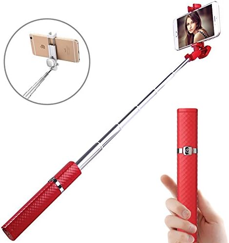Quarkware Protable Wireless Bluetooth Lipstick Selfie Stick with Clear Rear View Mirror for Smart Phone iPhone Samsung and More (Red)
